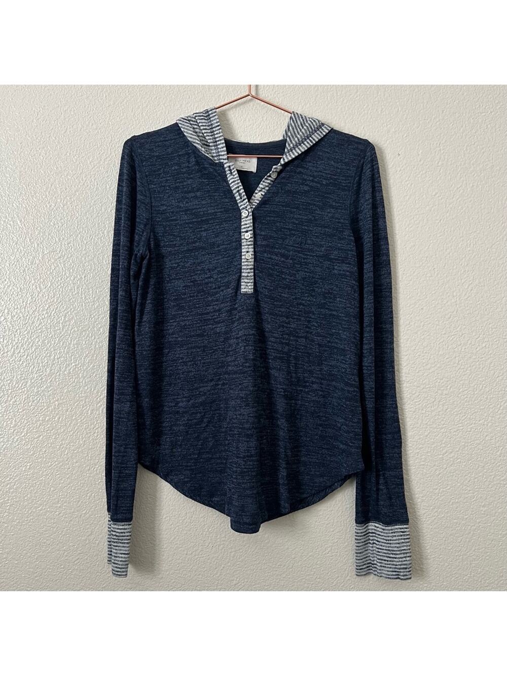 Gilly Hicks hooded henley top long sleeve navy blue stripe trim